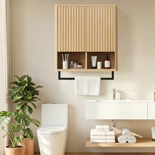 Bathroom Wall Storage Cabinet, Over The Toilet Medicine Cabinet, Hidden Storage & Open Shelves, Small 2-Door Multi-Functional Bathroom Organizer with Towel Bar for Bathroom & Kitchen (Wood) - color: Wood