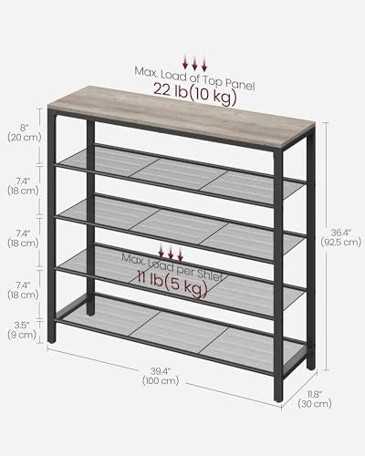 VASAGLE INDESTIC Shoe Rack, Organizer for Closet with 4 Mesh Shelves and Large Top for Bags, Entryway Hallway Shelf, Steel Frame, Industrial, Greige and Black ULBS015B02, 11.8 x 39.4 x 36.4 Inches - color: Greige, size: 5 Tiers (39.4"W)