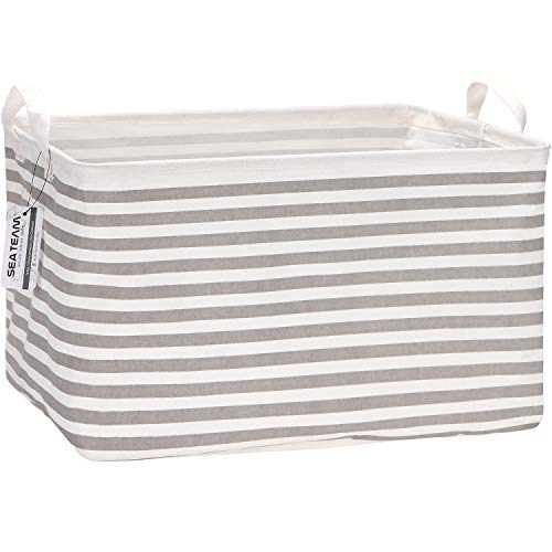 Sea Team Collapsible Canvas Fabric Storage Basket with Handles, Rectangle Waterproof Storage Bin, Box, Cube, Foldable Shelf Basket, Closet Organizer, 16.5 x 11.8 x 9.8 Inches, Grey Stripe - color: Stripe/Grey, size: 16.5 Inch (Pack of 1)