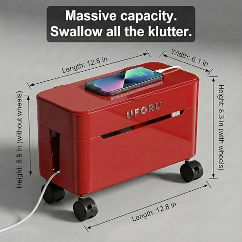 2-Tier Rolling Cable Management Box with Wheels (Large) – Mobile Power Strip Hider & Cord Organizer – Under Desk Wire Concealer & Charging Station Organizer – Baby & Pet Proof Safety (Retro Red) - color: Retro Red
