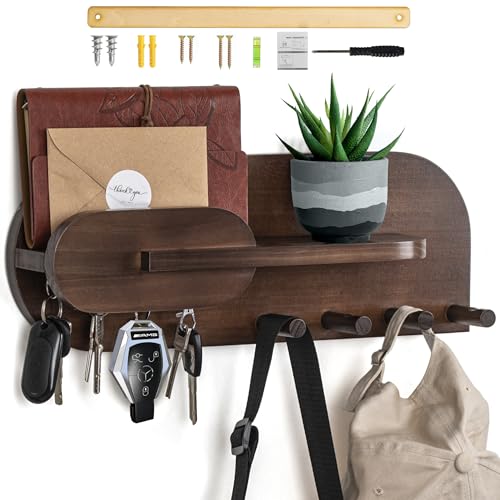 Solid Wood Mail and Key Holder for Wall Decorative Display - Includes Mail Holder, Shelf with Hooks for Keys & Pegs for Hanging Hats, Coats, Bags, Backpacks & More - Sleek Modern Design, Walnut Brown - color: A-Brown