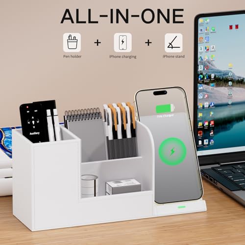 Multi-Functional Pencil Holder for Desk, Desk Organizers and Accessories with 4 Compartments for Office Art Supplies,Desk Phone Stand Charger for Desktop/Counter,Wihte Office Storage for Pens, Keys - color: White, size: L
