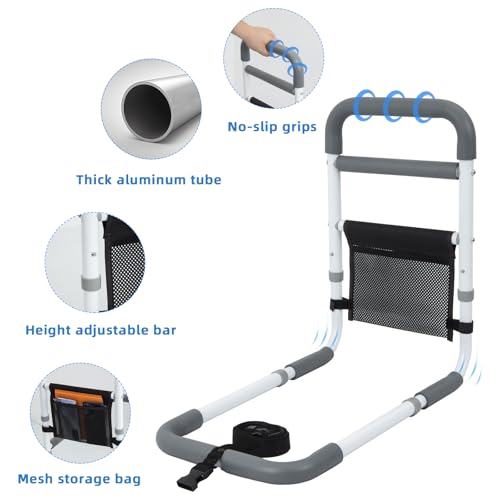 Bed Rails for Elderly Adults - 350LBS Heavy Duty Bed Assist Rail with Non-Slip Bedside Handle, Fall Prevention Safety Cane with Storage Pocket for Seniors, Fits King/Queen/Full/Twin Beds