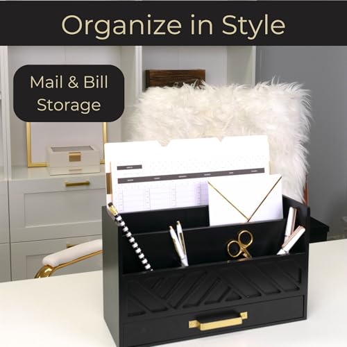 BLU MONACO | Wooden Mail Organizer with Drawer and Gold Handle | Mail Sorter Organizer Countertop for Desk | Outgoing Mail Holder and Letter Sorter for Desk Storage - color: Black
