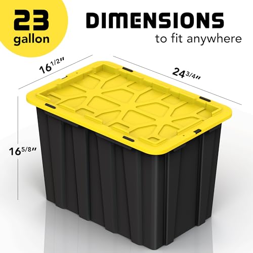 4 PACK X-Large Black & Yellow Storage Bins | Plastic Tote Organizing Container with Secure Latching Lids, Stackable, Extra Strength with Built in Handle | Black and Yellow Bins | 24.5" x 16.5" x 16.6" - size: X-LARGE - 24.5" x 16.5" x 16.6"