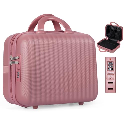 14 Inch Makeup Train Case with Lock Hard Shell Cosmetic Travel Case w Elastic Strap, ABS Portable Toiletry Bag for Toiletries Make up Storage Case Gift for Women Adult - color: Rosegold, size: 14 Inch