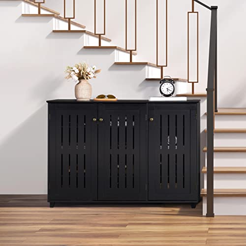 Yaheetech Shoe Cabinet with 3 Doors, Adjustable Shoe Organizer 4 Tier Shoe Rack Shelves, Freestanding Shoe Storage Cabinet for Entryway, Bathroom, Living Room, Black
