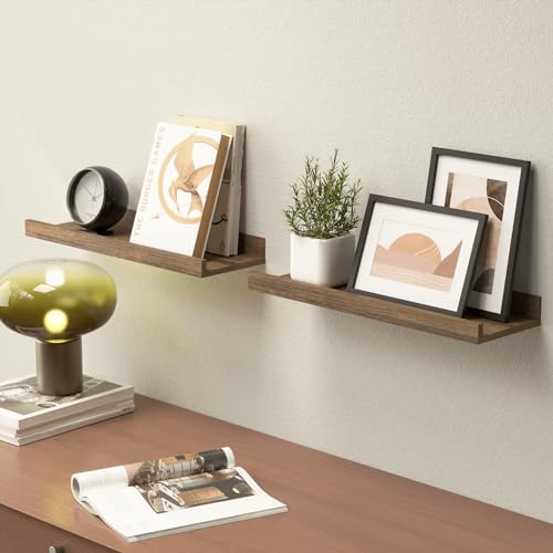 Boswillon Floating Shelves for Wall, Wall Mounted Shelves Set of 2, Rustic Shelves with Lip, Display Picture Ledge Shelf for Wall Decor Living Room Bathroom Kitchen - Brown - color: Brown, size: 15.7 In