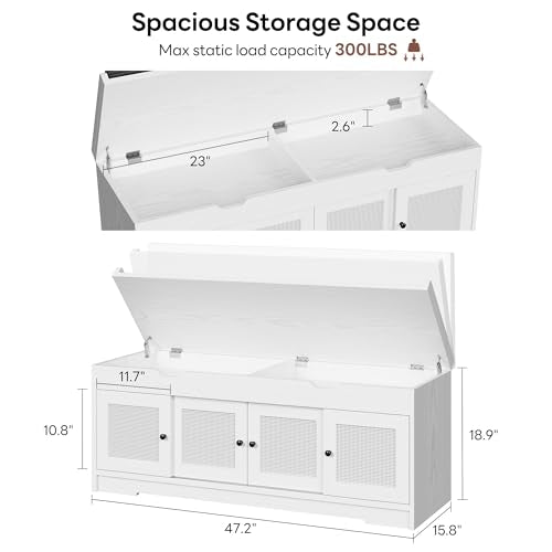 LIKIMIO 47.2" Shoe Bench with Lift Top Storage, Entryway Bench with Cushioned Seat, 2-Tier Rattan Shoe Cabinet with Adjustable Shelf, Storage Bench for Bedroom, Living Room, Hallway, White - color: White
