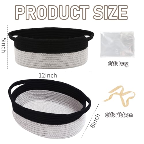 JMvicyroam Woven Basket,Small Rope Storage Bin with Handles & Ribbon Bag, Organizer for Shelves Closets,Gift Basket Empty for Birthday,Books,Dog Toys, Black&Grey - color: Black&Grey, size: 1 Pack