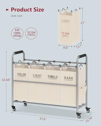 Tajsoon 4 Bag Laundry Sorter Cart, 4 Section Laundry Hamper Sorter with Heavy Duty Lockable Rolling Wheels, Laundry Separator Hamper with Removable Bags for Dirty Clothes Storage, Beige - color: Beige