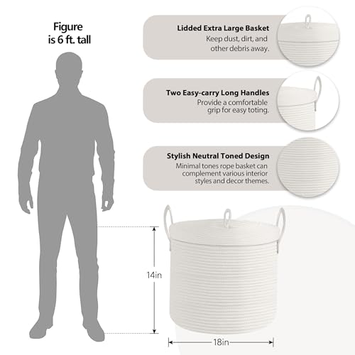 18" X 18" X 14" Extra Large White Basket with Lid, Woven Cotton Rope Basket for Blankets for Living Room, Kids Toy Storage Bin, Wicker Bathroom Towel Storage, All White Bins for Organizing - color: Full White