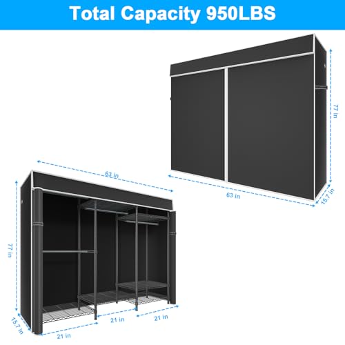 Ulif E13C Heavy Duty Closet Organizer System，Freestanding Clothing Racks for Hanging Clothes，Adjustable Garment Rack 63" W x 16" D x 77" H Hold 960 lbs，Black Clothing Rack with Black Dustproof Cover - color: Black Rack with Black Cover, size: E13C