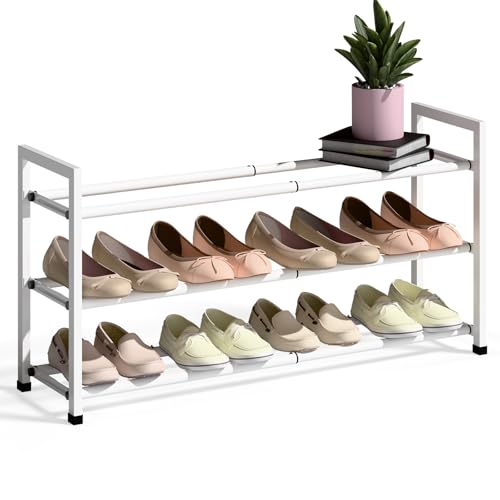 Bumusty 3-Tier Expandable Shoe Rack for Closet, 18“-33” Adjustable Shoe Rack for Small Space, Small Shoe Organizer for Front Door, Sturdy Metal, White - color: White, size: 3-Tier