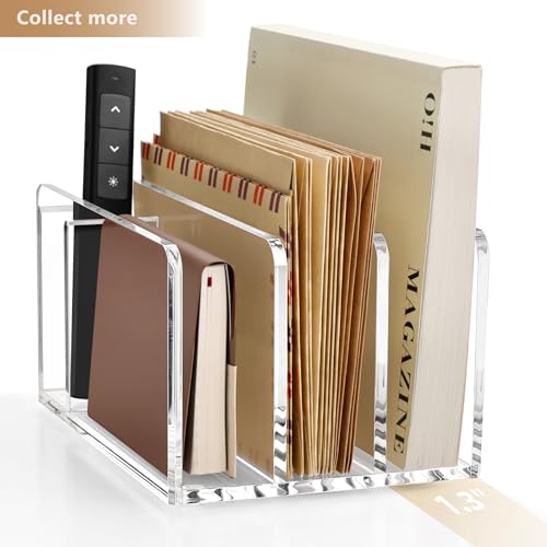 SANRUI Acrylic Mail Organizer, 3 Compartments Clear File Holder for Desk, Letter Sorter with Pen Holder, Countertop Document Sorter for Notebooks, Bills & Eyeshadow Palettes - style: 3 Sections with Pen Holder