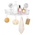 Corner Shower Caddy with Strong Suction Cups, No-Drill 90° Corner Shower Organizer with Hooks, Removable Wall Mounted Shelf for Tile, Glass & Metal (White/Clear)