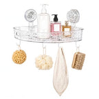Corner Shower Caddy with Strong Suction Cups, No-Drill 90° Corner Shower Organizer with Hooks, Removable Wall Mounted Shelf for Tile, Glass & Metal (White/Clear)