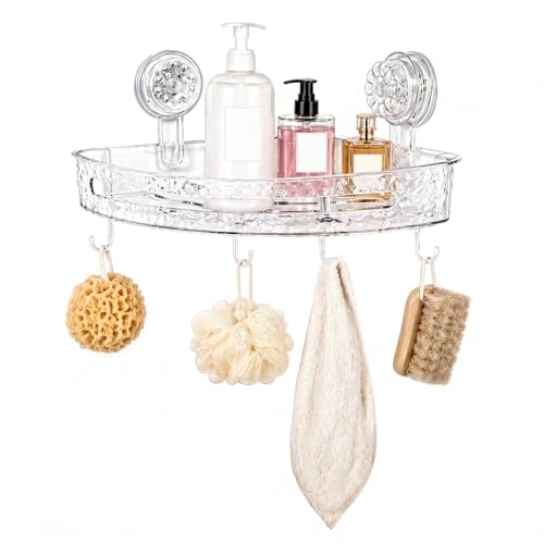 Corner Shower Caddy with Strong Suction Cups, No-Drill 90° Corner Shower Organizer with Hooks, Removable Wall Mounted Shelf for Tile, Glass & Metal (White/Clear)