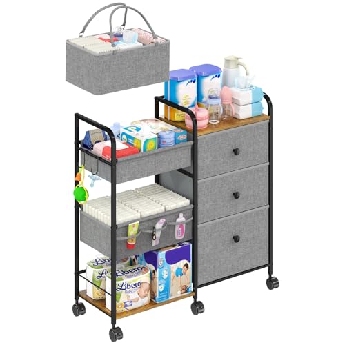 Cidaziya 2In1 Baby Diaper Caddy Organizer and Storage, 3 Tier Rolling Cart with Dividers and Drawers, Mobile Utility Cart Baby Dresser Clothes Organizer for Changing Table, Crib Nursery, Bedroom, Grey - color: Grey, size: 32.48"W x 11.42"D x 33.5"H