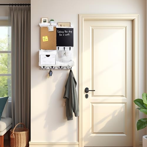 Key Holder Wall Mount， Mail Organizer Key Holder for Wall with Shelf, Drawer, Chalkboard, Corkboard, Home Decor Wall Mounted for Room Entryway(Whitewashed) - color: Washing white, size: Vertical