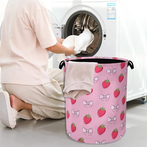 Cute Strawberry Laundry Basket,Bow Foldable with Handles Tote Bag Oxford Cloth for Bathroom Bedroom Dirty Clothes Storage Bucket 16" x 20.8" - color: Cute Strawberry Bow