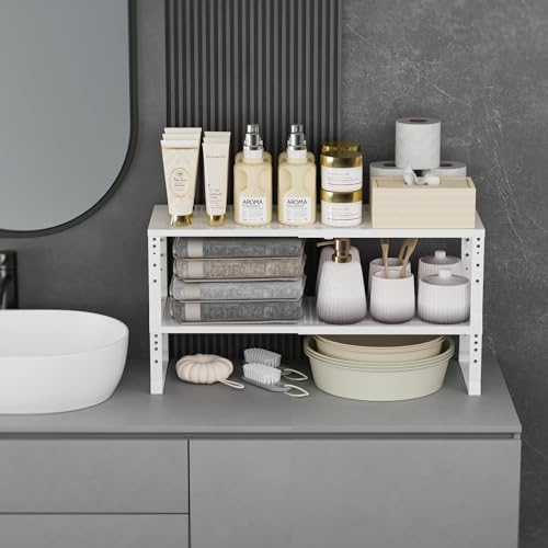 Jojocross Expandable Cabinet Shelf Organizer Storage Spice Rack Shelves for Kitchen Stackable Adjustable Pantry Cupboard Bathroom Countertop Desktop(2Packs/White/Large-with Hole) - color: 2 Packs/White With Hole, size: LARGE:10.1"D x 16.6~26.5"W x 6.1"/7.