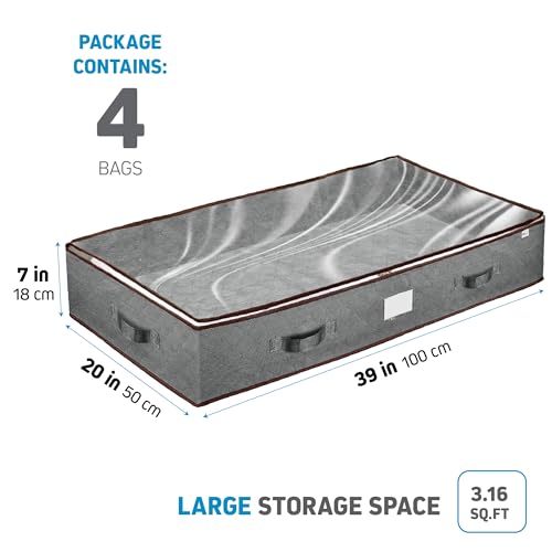 Under Bed Storage Bins - Pack Of 4 Under The Bed Storage Containers For Clothes, Blankets, Winter Clothing, & Shoes - Underbed Storage Containers With Handles, Dual Zippers, & Clear Top - size: 4 Pack