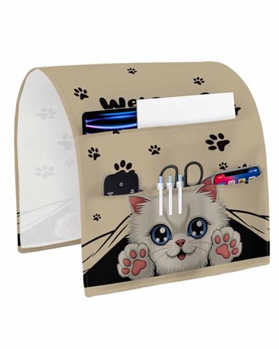 Sofa Armrest Organizer Bedside Caddy, Adorable Cat Welcome Non Slip Couch Remote Control Holder for Recliner, Retro Paws Footprints Arm Chair Caddy with Pocket for Magazine, Phone, 13''x35'' - size: 13x35 in