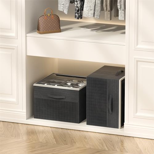 Aokeyee Shoe Organizer for Closet,2 Pack Foldable Shoe Storage Organizer Box Bin with Adjustable Dividers and Clear Cover, Fits up to 16-32 Pairs - color: Black, size: 2 PCS