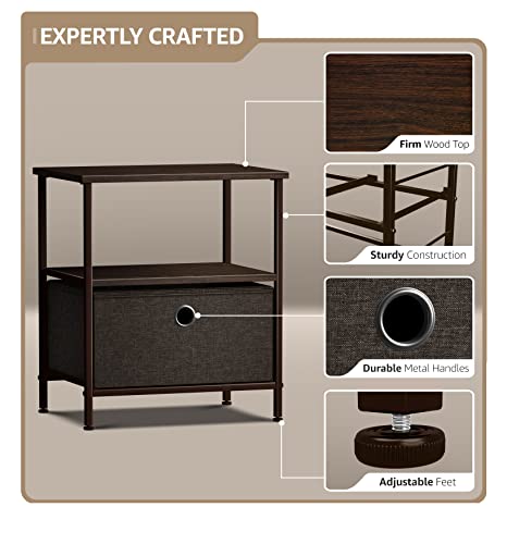 Sorbus Nightstand 1-Drawer Shelf Storage - Bedside Furniture & End Table Chest Dresser with Steel Frame, Wood Top & Easy Pull Fabric Bins for Home, Bedroom, Closets, Bathroom, Office & College Dorm - color: Brown, style: 1 Drawer
