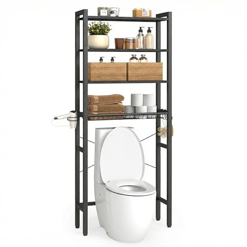 VASAGLE Over the Toilet Storage, Over Toilet Bathroom Organizer with Adjustable Shelves and Basket, 3 Hooks, Space Saving, 9.4 x 23.6 x 68.1 Inches, Ebony Black UBTS114BE01S - color: Ebony Black, style: 4 Tiers (68.1" H)