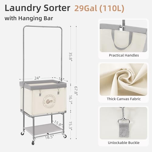 STORAGE MANIAC Rolling Laundry Cart with Hanging Bar & Storage Shelf, 110L Heavy Duty Large Laundry Basket with Clothes Hanging Rod, Study Clothes Hamper with Lockable Wheels, Beige