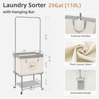 STORAGE MANIAC Rolling Laundry Cart with Hanging Bar & Storage Shelf, 110L Heavy Duty Large Laundry Basket with Clothes Hanging Rod, Study Clothes Hamper with Lockable Wheels, Beige