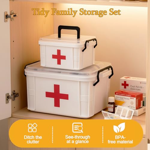 2 Pack Clear Medicine Organizer Box with Handle, Plastic Medicine Container with Tray First Aid Box Empty, Thickened Medicine Storage Organizer Multipurpose Medication Organizer Storage, White - color: White-2Pack