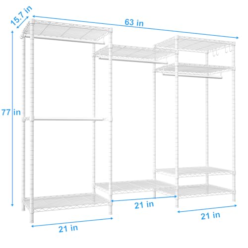 Ulif E13 Heavy Duty Clothes Rack（With 4 Hanger Rods & 8 Shelves） Freestanding Clothing Racks for Hanging Clothes，Adjustable Closet Organizer，Metal Garment Rack 63" W x16 D x77 H，Max Load 900LBS，White - color: White, size: E13