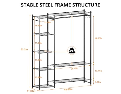 Wardrobe Closet,Portable Clothes Rack with 4 Tiers Shelves,Freestanding Closet Organizers and Storage System with Hanging Rods,Steel Clothing Rack Suitable for Cloakrooms,Bedrooms,Entrances,etc.Black - color: BLACK