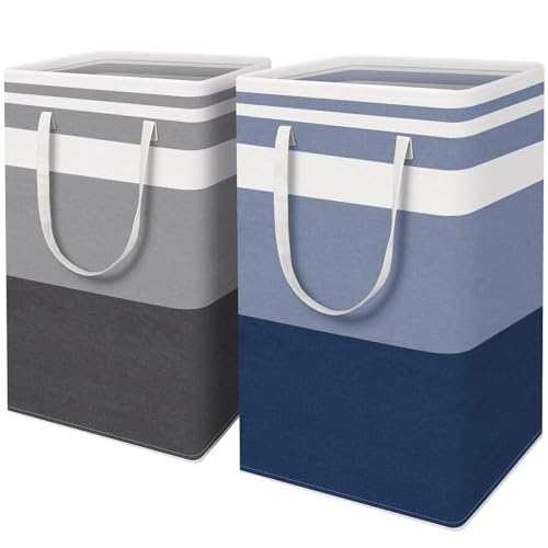 HomeHacks 2 Pack Large Laundry Baskets, Waterproof, Freestanding Laundry Hampers, Collapsible Clothes Hamper with Reinforced Handles in Laundry, College Dorm, Bathroom, Bedroom (Grey+Blue, 88Lx2) - color: Grey+Blue, size: 88L