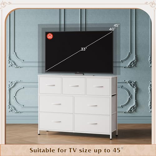 WLIVE 7 Drawer Dresser TV Stand, Dressers for Bedroom, Fabric Storage Tower, Hallway, Entryway, Closets, Sturdy Steel Frame, Wood Top, Easy Pull Handle, White - color: White