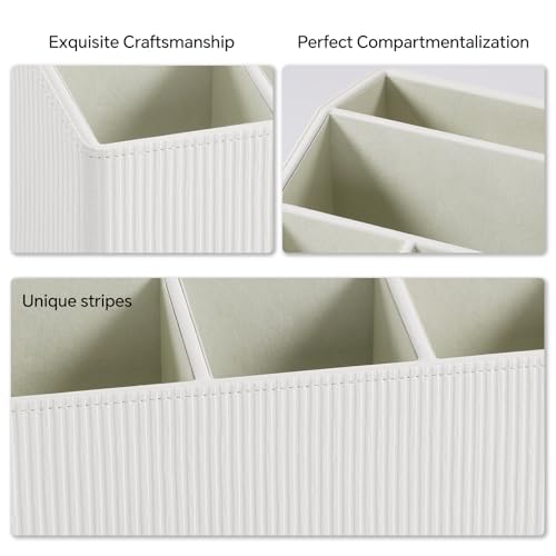 Remote Control Holder with 5 Compartments for Office Art Supplies, PU Leather Nightstand Organizer Pencil Pen Desk Caddy for Home, Desktop TV Remote Control Organizer Storage (Striped Ivory) - color: Striped Ivory