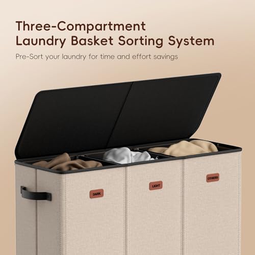 185L Laundry Hamper 3 Section, Laundry Hamper with Lid, Dirty Clothes Hamper with 3 Removable Washing Bags, Extra Large Laundry Basket Organizer for Bedroom, Laundry Room, Dorm - Khaki - color: Khaki, size: 185L - 3 Section