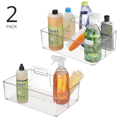 mDesign Large Plastic Divided Portable Storage Organizer Caddy Tote Basket Bin with Handle for Kitchen, Pantry, Countertop, Cabinet, Cupboard - Ligne Collection - 2 Pack - Clear - size: Pack of 2