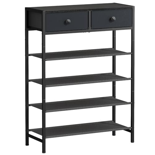 Shoe Rack, 5 Tier Shoe Organizer with 2 Drawers, Metal Shoe Storage for 16-20 Pairs of Shoes with Fabric Shelves and Wooden Top, Narrow Shoe Shelf for Closet Entryway Black Grey - color: Black Grey, size: 5 Tier(27.6 × 10.8 × 37.8)