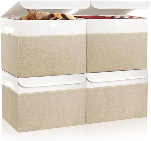 Bagnizer Large 22 Quart Linen Fabric Foldable Storage Bin Cube Organizer Basket with Flip-Top Lid & Handles, Clothes Blanket Box for Home, Office, Closet, Beige & White, 4 Pack 14.6 x 9.5 x 9.5” - color: Beige & White, size: Medium - 4 Pack