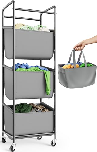3 Section Laundry Sorter with Removable Bags, 120L Rolling Vertical Laundry Hamper, Stackable Laundry Baskets organizer for Bathroom, Apartment, Dorm (Gray, With Wheel) - color: Gray, size: With Wheel