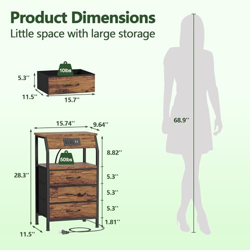Furnulem Night Stand with Charging Station, USB Ports and Outlets, 28.3 Inch Tall Bedside Table with Wood Shelf, 3 Fabric Drawers Side Table for Bedroom, 3 Ways to Use, Rustic Brown - color: Rustic Brown, size: 3 Drawer