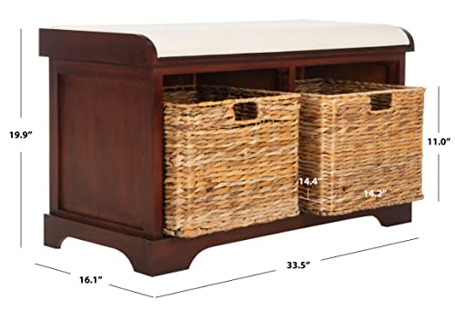 SAFAVIEH Home Collection – Freddy Cherry Storage Bench with Wicker Baskets & Cushion, Entryway Seating Bench, Fully Assembled (AMH5736E) - color: Cherry