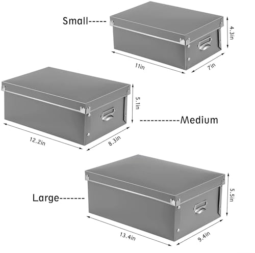 XUCHUN Storage Box with Lid 3 Pack, Foldable Plastic Storage Bins with Lids, Stackable Collapsible Keepsake Box for Photos Office Bedroom, 3 Sizes - Gray - color: grey 3 pcs