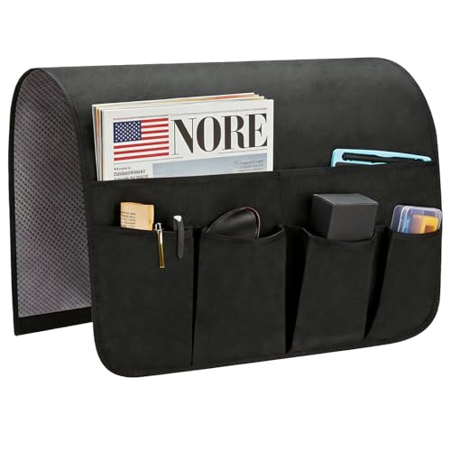 Sofa Armrest Organizer, Remote Control Holder for Recliner Couch, Arm Chair Caddy with 6 Pockets for Magazine, Tablet, Phone, iPad - color: Black, size: W19'' x L33''