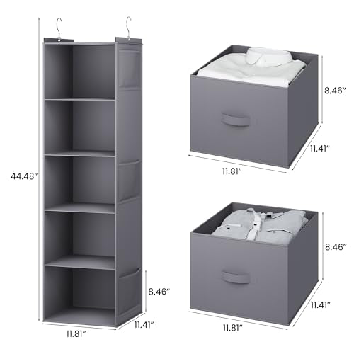 YOUDENOVA Hanging Closet Organizer, 5 Tier Hanging Closet Shelves with 6 Side Pockets and 2 Drawers, Grey - color: Grey