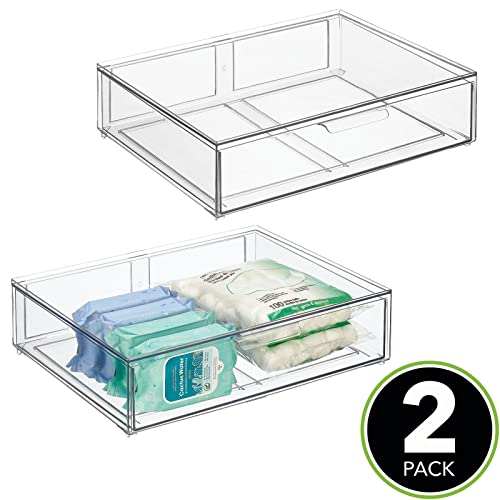 mDesign Wide Plastic Stackable Bathroom Storage Organizer Bin with Pull Out Drawer for Cabinet, Vanity, Shelf, Cupboard, Cabinet, Countertop, Closet Organization - Lumiere Collection - 2 Pack - Clear - size: 12 x 16 x 4 (Pack of 2)